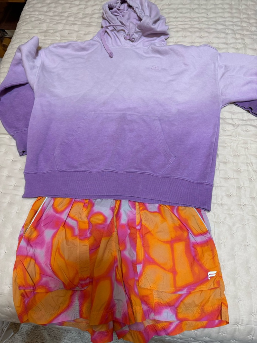 Champion Lavender Ombre Hoodie with Bright Orange-Pink Patterned Shorts
